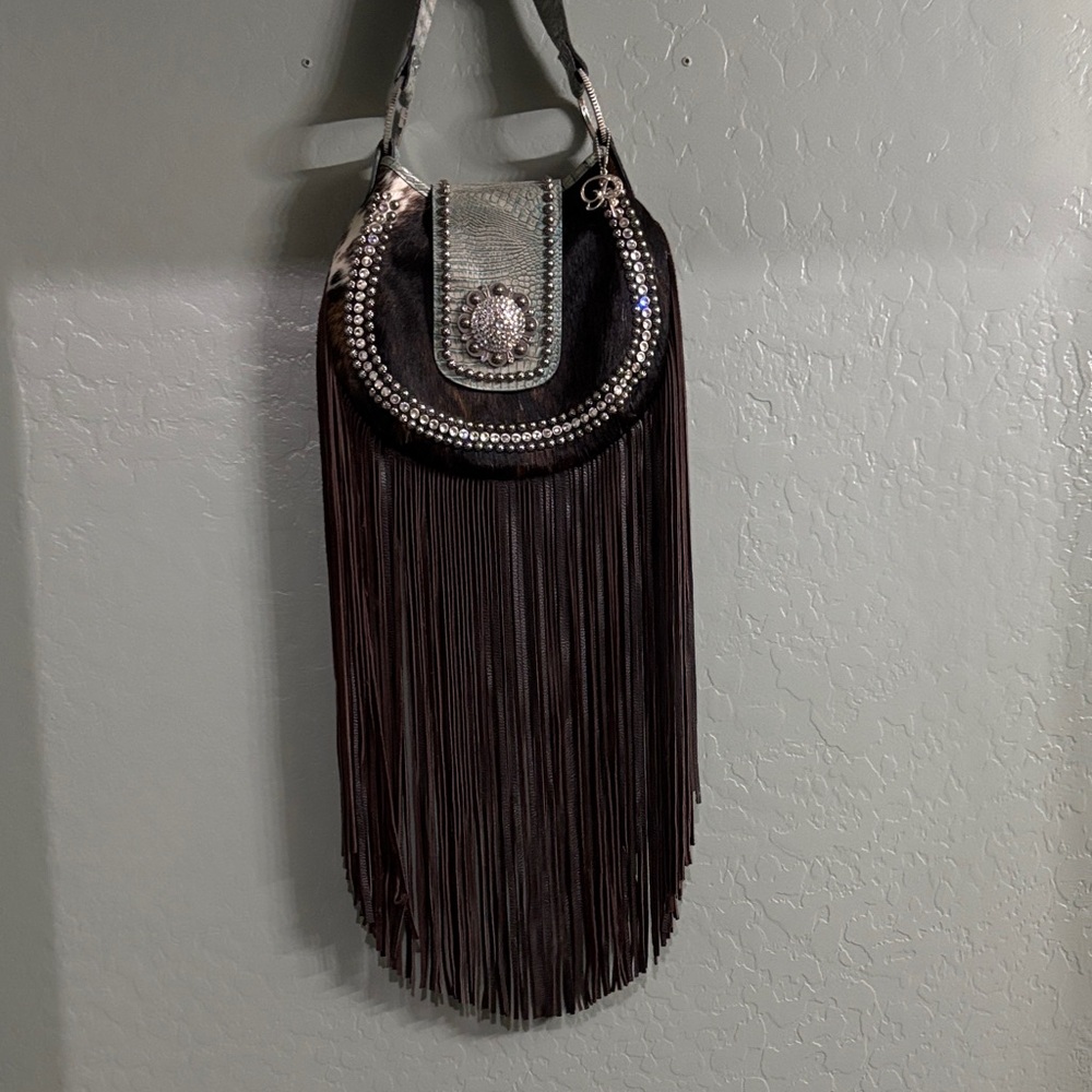 Boho Fringe Shoulder Bag with Studded Flap - Dark Brown